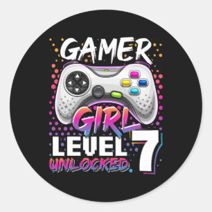 Sticker Rond Gamer Girl Niveau 7 Déverrouillé Jeu vidéo 7e Anni