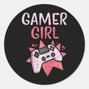 Sticker Rond Gamer Girl Pink Game Controller Cute Video Gaming