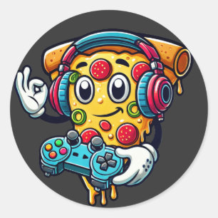 Sticker Rond Gamer Pizza Vidéo Jeu Nourriture Stick Rond
