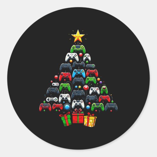 Sticker Rond Gaming Controllers Christmas Tree Funny Gamer Boys (Devant)