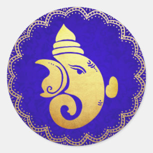 Sticker Rond Ganapati en or élégant Dieu hindou indien Bleu