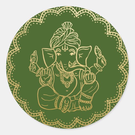 Sticker Rond Ganesh en or | Dieu indien Mariage vert (Devant)