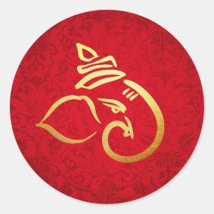 Sticker Rond Ganesh festif   Ganpati   Dieu indien Damassé Roug