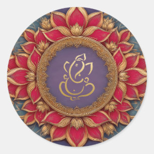 Sticker Rond Ganesh festif or   Dieu indien Lotus rose violet