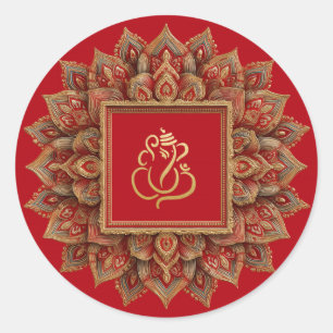 Sticker Rond Ganesh festif or   Dieu indien rouge