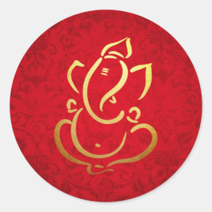 Sticker Rond Ganesh Ganpatio Inde Dieu Damask Rouge
