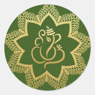 Sticker Rond Ganesha de fête doré   Dieu indien vert