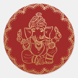 Sticker Rond Ganesha en or   Dieu indien Mariage Rouge