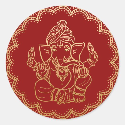 Sticker Rond Ganesha en or | Dieu indien Mariage rouge (Devant)