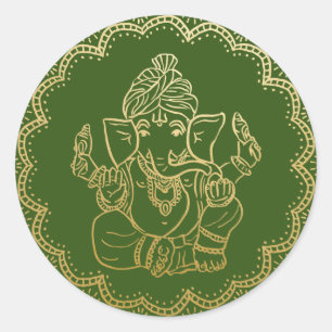 Sticker Rond Ganesha en or   Mariage vert Dieu indien