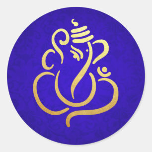 Sticker Rond Ganesha Festif Or   Dieu Indien Damas Bleu