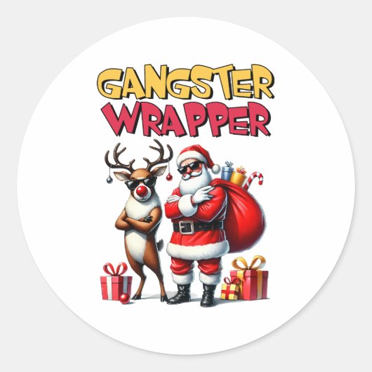 Sticker Rond Gangster cadeau de Noël enrobé (Devant)