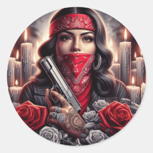 Sticker Rond Gangster Girl Hip hop chicano art graphique