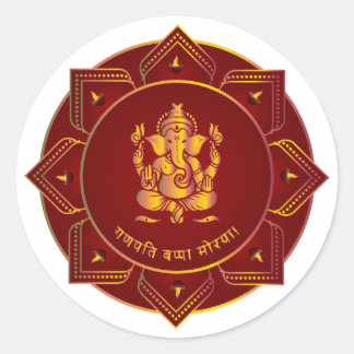 Sticker Rond Ganpati Bappa Morya Ganesha doré Mandala à 8 Diya