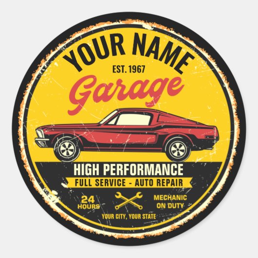 Sticker Rond Garage de voiture classique rouge rapide 1967 pers (Devant)