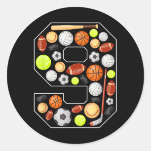 Sticker Rond Garçon 9 ans Fête d'anniversaire Enfants Sportif B