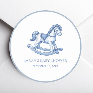 Sticker Rond Garçon à cheval à bascule bleu Baby Shower Jouet V