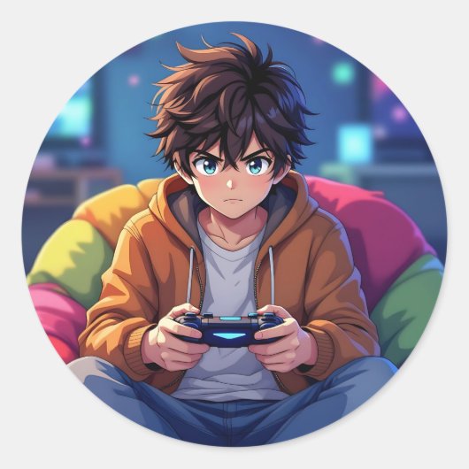 Sticker Rond Garçon Anime jouant à un jeu vidéo (Devant)