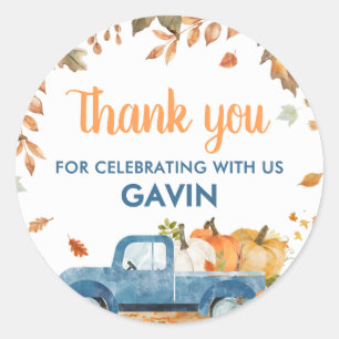 Sticker Rond Garçon bleu camion de citrouille automne anniversa