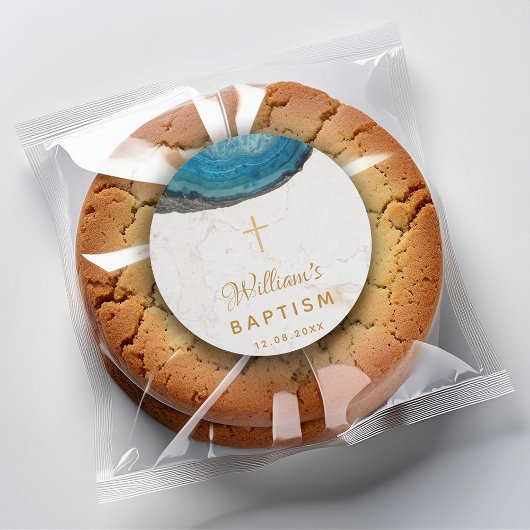 Sticker Rond Garçon de géode bleue baptême marbre blanc croix d