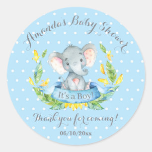Sticker Rond Garçon Eléphant Bébé Douche Bleu Merci Favoriser