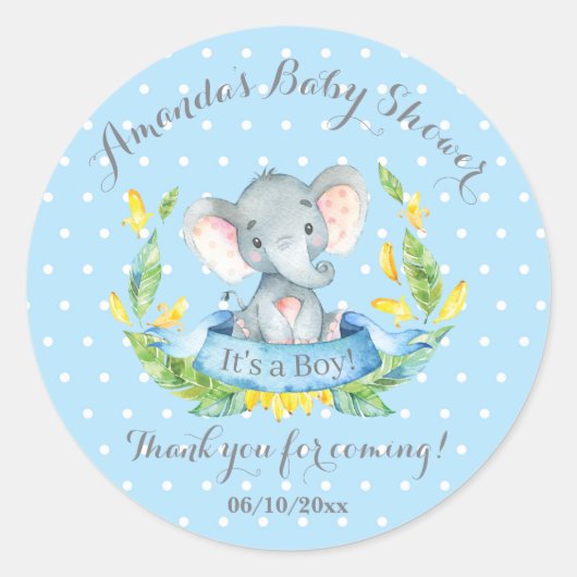 Sticker Rond Garçon Eléphant Bébé Douche Bleu Merci Favoriser (Devant)