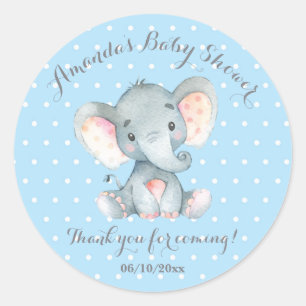 Sticker Rond Garçon Eléphant Bébé Douche Bleu Merci Favoriser