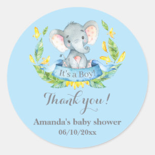 Sticker Rond Garçon Eléphant Bébé Douche Bleu Merci Favoriser