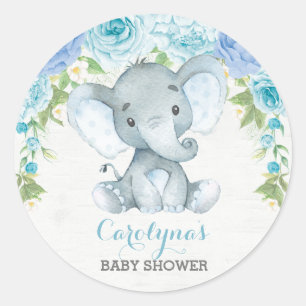 Sticker Rond Garçon Elephant Bleu Rose Peony Baby shower Faveu