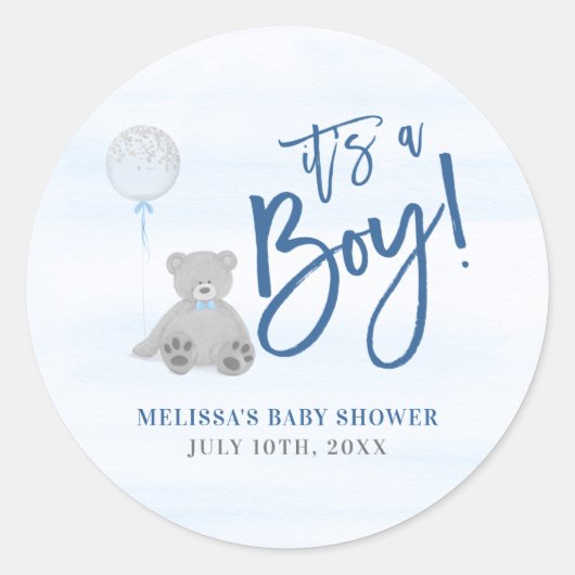 Sticker Rond Garçon Teddy Ours Bleu gris Baby shower de ballon (Devant)