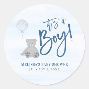 Sticker Rond Garçon Teddy Ours Bleu gris Baby shower de ballon