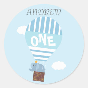 Sticker Rond Garçons 1er Anniversaire Chaud Air Balloon Elephan