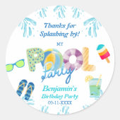 Sticker Rond Garçons Anniversaire Pool Party Favoriser Merci (Devant)