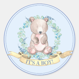 Sticker Rond Garçons Aquarelle Floral Baby Bear Classe Baby sho