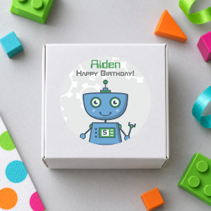 Sticker Rond Garçons au robot bleu Joyeux Anniversaire