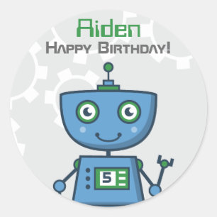 Sticker Rond Garçons au robot bleu Joyeux Anniversaire