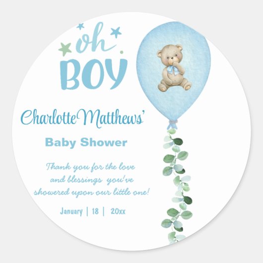 Sticker Rond Garçons Bear Blue Balloon Eucalyptus Baby shower (Devant)