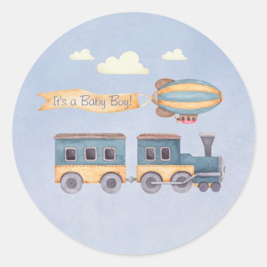 Sticker Rond Garçon's Jouets en bois Blue Baby shower Train (Devant)