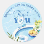 Sticker Rond Garçons piscine fête d'anniversaire bleu Merci (Devant)