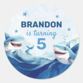 Sticker Rond Garçons sous l'océan marin requin 5e anniversaire (Devant)