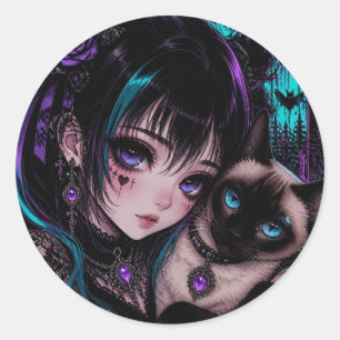 Sticker Rond Garder le contact Fille Anime & Chat