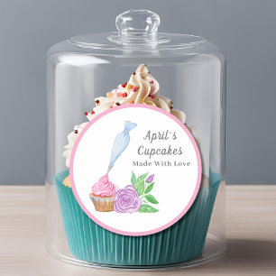 Sticker Rond Gâteau au glaçage à l'aquarelle fait avec amour