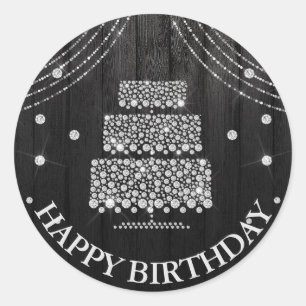 Sticker Rond Gâteau bouteille noir argent Joyeux Anniversaire