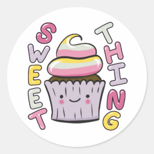 Sticker Rond Gâteau Cupcake Mignon Kawaii avec Texte