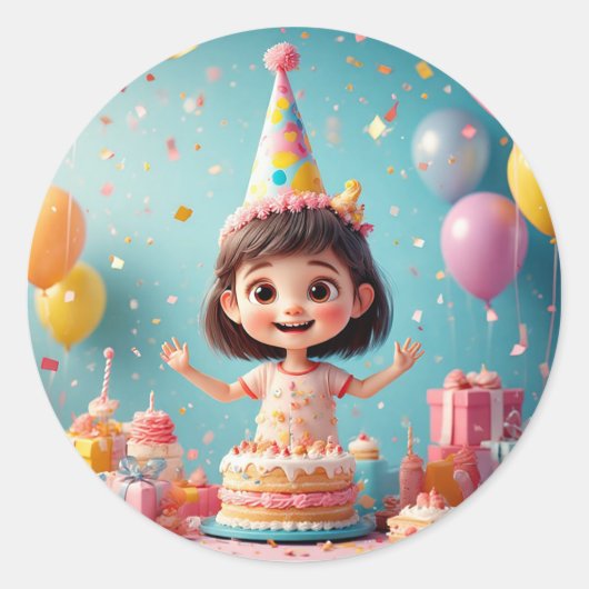 Sticker Rond 🎉 Gâteau d'anniversaire de fille joyeuse Fête (Devant)