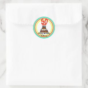 Sticker Rond Gâteau d'anniversaire en feu avec 50 bougies