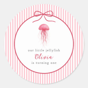 Sticker Rond Gâteau d'anniversaire Fille Méduse Rose Aquarelle