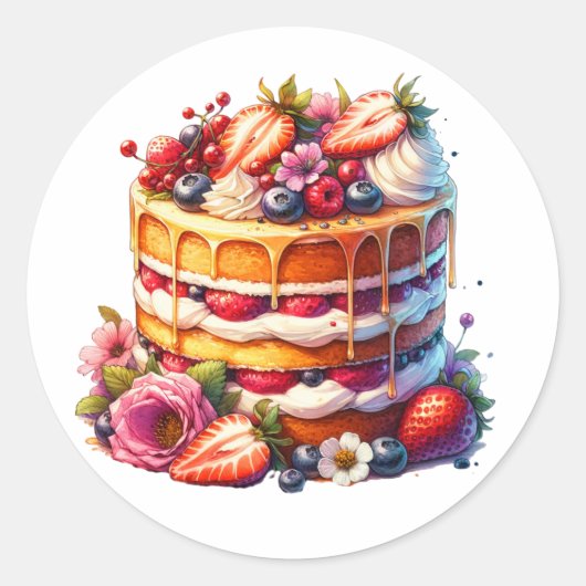 Sticker Rond Gâteau d'anniversaire plein de baies et de fleurs (Devant)