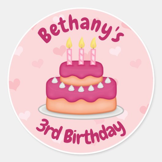 Sticker Rond Gâteau d'anniversaire rose mignon 3 bougies pour l (Devant)