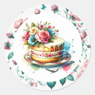 Sticker Rond Gâteau d'anniversaire Shabby Chic Floral